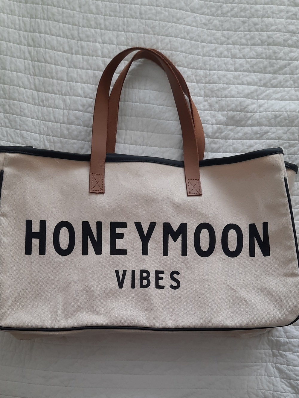 Cream Canvas 'HONEYMOON VIBES' Tote with Brown Handles